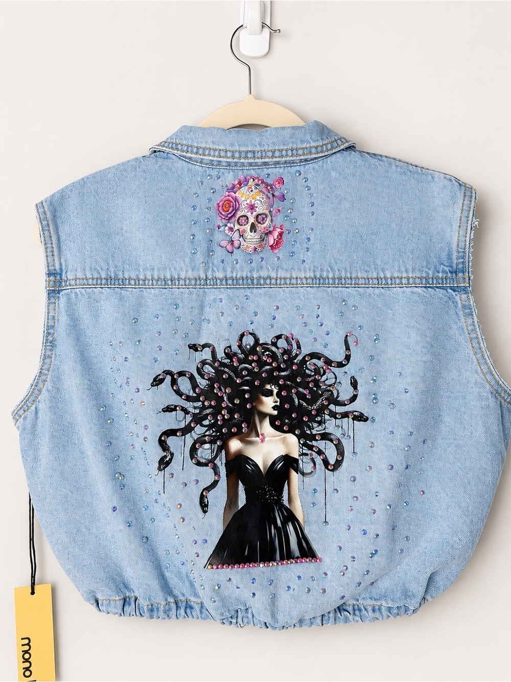 Embellished Light Wash Denim Vest Medusa Rhinestone Graphic, Upcycle Jacket - Picture 7 of 9